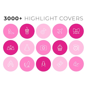 May include: A set of 16 pink and white highlight covers with various icons, including a high heel, coffee cup, music note, airplane, bow, people, dress, camera, cupcake, makeup brushes, a dumbbell, cat, nail polish, ticket, and bicep.