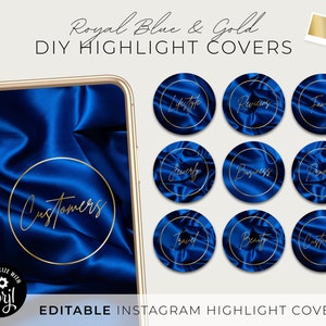 May include: Nine gold and blue Instagram highlight covers with a satin texture and gold text. The text includes "Lifestyle", "Reviews", "Family", "Jewelry", "Business", "Products", "Travel", "Beauty", and "Customers".