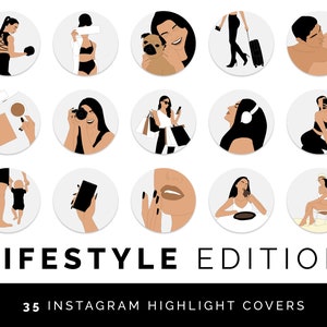 Puede incluir: Un conjunto de 12 portadas de destacados de Instagram con ilustraciones de mujeres en diversos entornos de estilo de vida. Las portadas están diseñadas en un estilo minimalista con contornos negros y fondo blanco. El texto "LIFESTYLE EDITION" y "35 INSTAGRAM HIGHLIGHT COVERS" está incluido en la imagen.