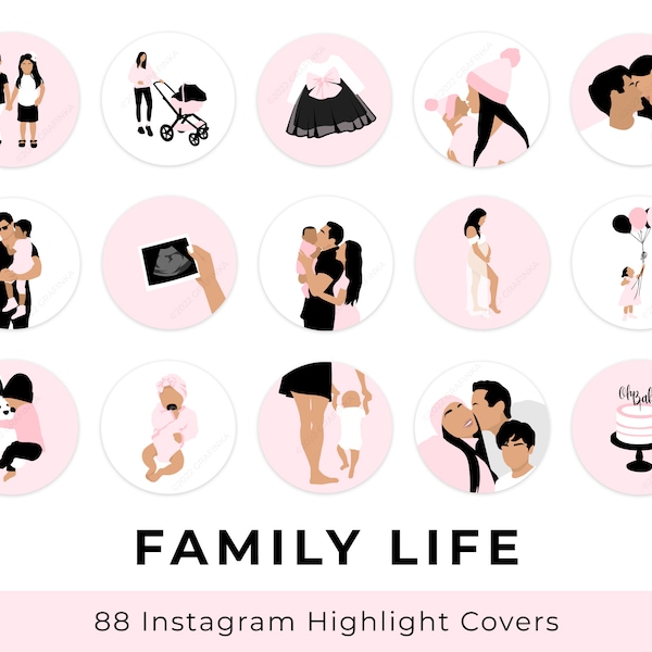 Family Life Instagram Highlight Covers, White Baby Pink Motherhood Kids Mom Minimalist Aesthetic Illustration Social Media Ig Story Icon