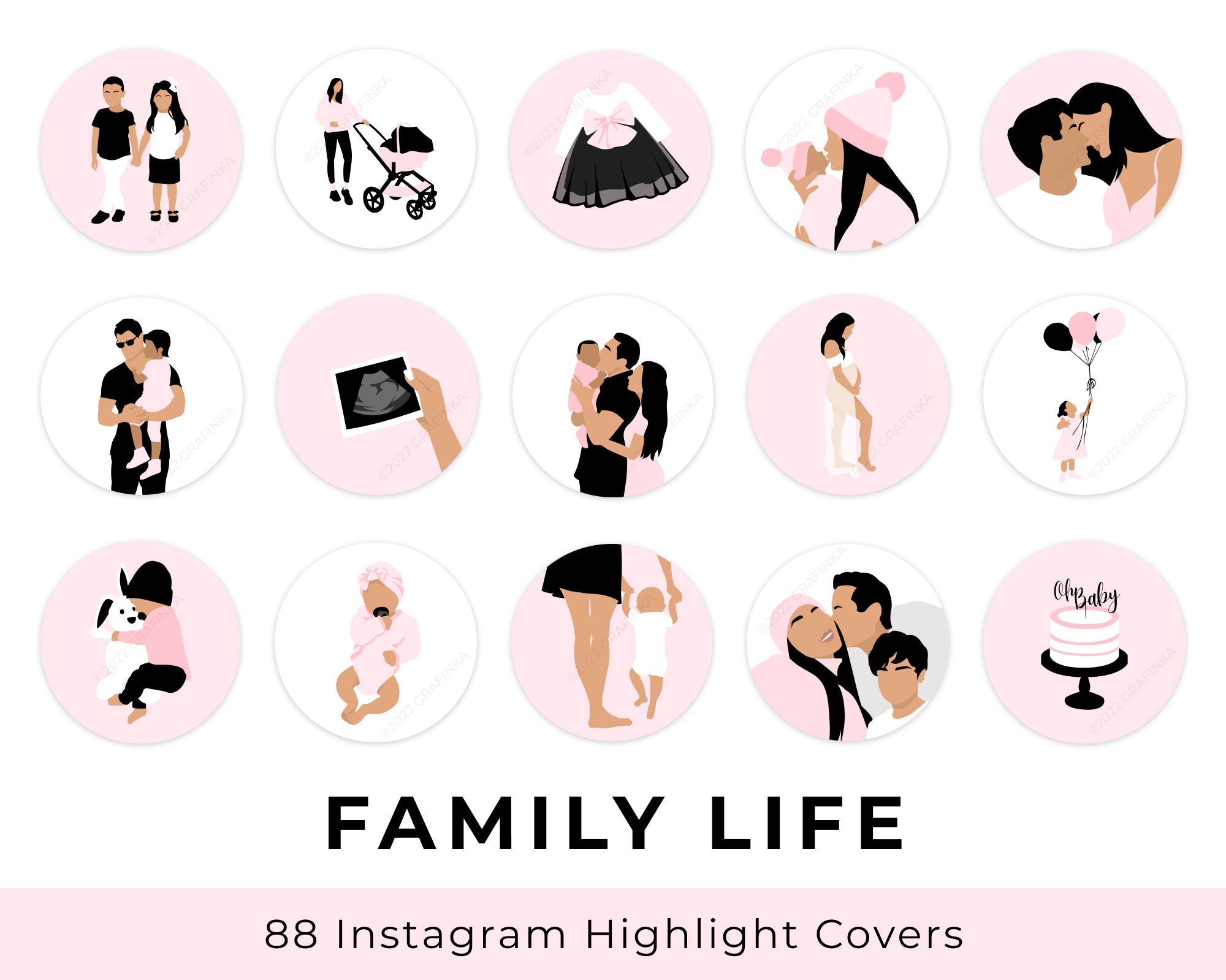 Family Life Instagram Highlight Covers, White Baby Pink Motherhood Kids Mom Minimalist Aesthetic Illustration Social Media Ig Story Icon
