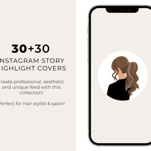 Puede incluir: Un conjunto de 30 cubiertas de resaltado de historias de Instagram con una mujer con cabello casta&ntilde;o en una coleta, vistiendo una camisa negra. Las cubiertas est&aacute;n dise&ntilde;adas para estilistas y salones de belleza.