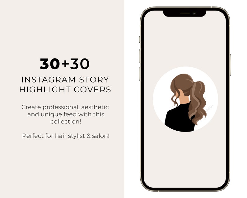 Puede incluir: Un conjunto de 30 cubiertas de resaltado de historias de Instagram con una mujer con cabello casta&ntilde;o en una coleta, vistiendo una camisa negra. Las cubiertas est&aacute;n dise&ntilde;adas para estilistas y salones de belleza.