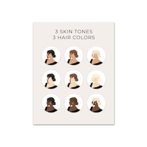 Puede incluir: Nueve ilustraciones de mujeres con diferentes tonos de piel y colores de cabello. Cada ilustraci&oacute;n es un c&iacute;rculo con fondo blanco y contorno negro. El texto "3 SKIN TONES 3 HAIR COLORS" est&aacute; en la parte superior de la imagen.