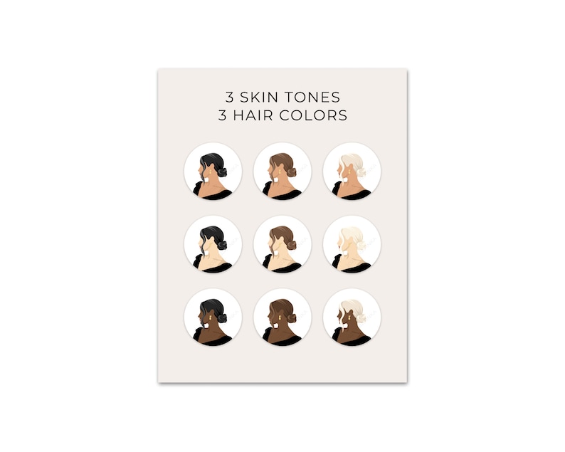 Puede incluir: Nueve ilustraciones de mujeres con diferentes tonos de piel y colores de cabello. Cada ilustraci&oacute;n es un c&iacute;rculo con fondo blanco y contorno negro. El texto "3 SKIN TONES 3 HAIR COLORS" est&aacute; en la parte superior de la imagen.