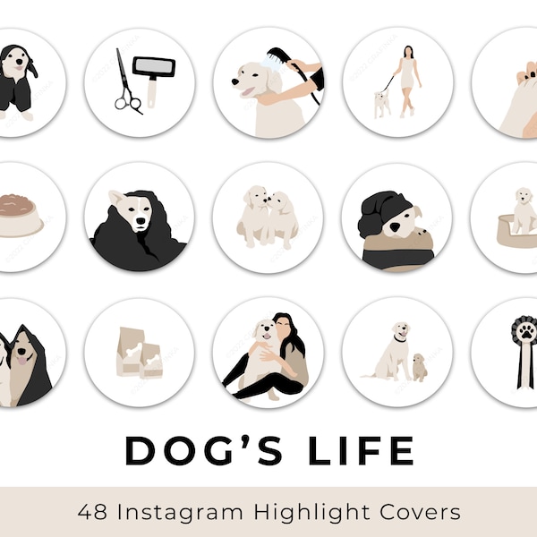 Dog Instagram Highlight Covers, Minimalist Ig Story Highlights Drawing, Cute Hand Drawn White & Black Pet Social Media Icons