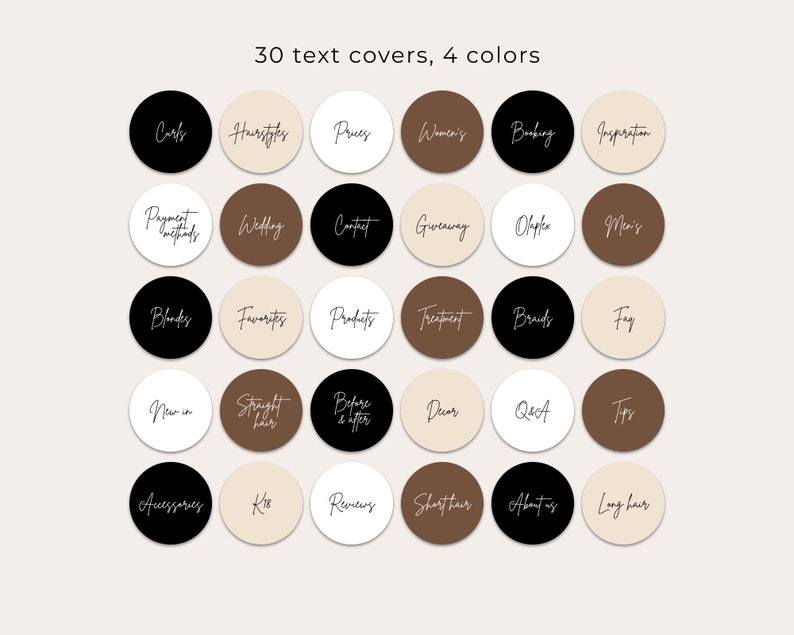 Puede incluir: Treinta pegatinas redondas de color blanco, negro, marr&oacute;n y beige con texto en cada una. El texto incluye palabras como "Peinados", "Precios", "Mujeres", "Reservas", "Inspiraci&oacute;n", "M&eacute;todos de pago", "Boda", "Contacto", "Sorteo", "Olaplex", "Hombres", "Rubias", "Favoritos", "Productos", "Tratamiento", "Marcas", "Preguntas frecuentes", "Novedades", "Pelo liso", "Antes y despu&eacute;s", "Ofertas", "Preguntas y respuestas", "Consejos", "Accesorios", "Kits", "Opiniones", "Pelo corto", "Acerca de nosotros" y "Pelo largo".