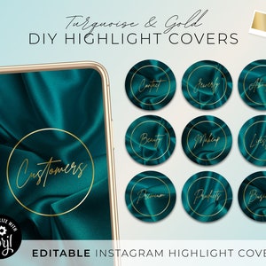 May include: Nine turquoise and gold Instagram highlight covers with a satin texture. The covers feature the text "Contact", "Jewellery", "About Us", "Beauty", "Makeup", "Lifestyle", "Premium", "Products", and "Business".