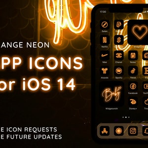 Könnte beinhalten: Ein Smartphone-Bildschirm mit einer Sammlung von orangefarbenen Neon-App-Symbolen auf schwarzem Hintergrund. Die Benutzeroberfläche zeigt verschiedene Symbole für soziale Medien, Dienstprogramme und Unterhaltungs-Apps sowie benutzerdefinierte Widgets.
