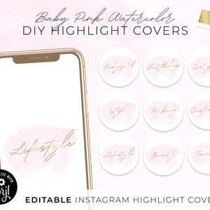 DIY Instagram Highlight Covers, Hell Baby Rosa Aquarell Beauty Blush Story Text Gold Social Media Icon Editierbares Weiß Minimalistisches Design