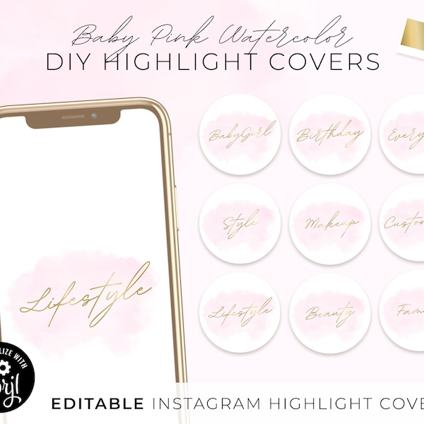 DIY Instagram Highlight Covers, Light Baby Pink Watercolor Beauty Blush Story Text Gold Social Media Icon Editable White Minimalist Design