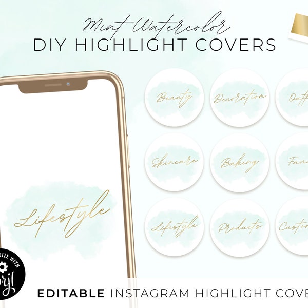 DIY Instagram Highlight Covers, Teal Mint Blue Green Watercolor Story Text Gold Social Media Icon Editable Light White Minimalist Design