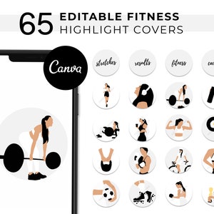 Könnte beinhalten: 65 Bearbeitbare Fitness-Highlight-Cover für Instagram. Die Cover zeigen Schwarzweiß-Illustrationen von Personen, die Sport treiben, darunter Gewichtheben, Cardio und Dehnen. Der Text "Canva" ist in der Mitte des Bildes sichtbar.