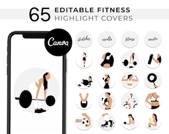 EDITABLE Fitness Instagram Story Highlight Cover, Social Media Icons Gym Training Sport Trainer Workout Illustration Custom Canva Template