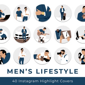 Men&#39;s lifestyle Instagram Highlight Covers For Men And Boys, Social Media Icons, Blue Gray White Masculine Illustration for Ig Stories