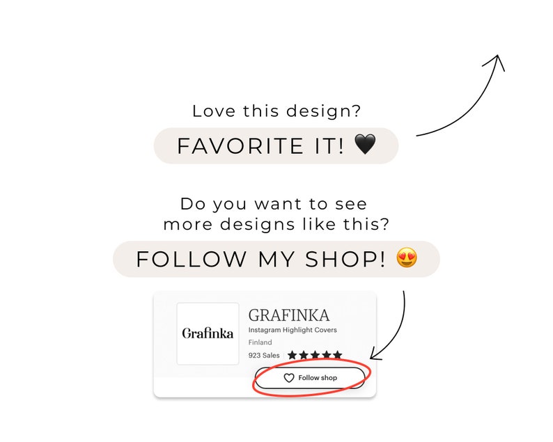 Puede incluir: Una tienda de Instagram llamada Grafinka, que ofrece portadas de destacados de Instagram. La tienda tiene una calificaci&oacute;n de 5 estrellas y 923 ventas. El texto "Love this design? FAVORITE IT!" y "Do you want to see more designs like this? FOLLOW MY SHOP!" se muestra en la imagen.
