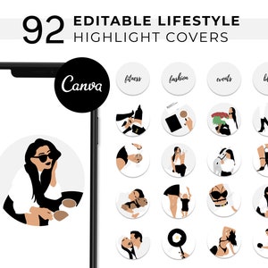 Editable Lifestyle Instagram Highlight Covers, Minimalist Fitness Social Media Icon, Aesthetic Fashion Travel Illustration Canva Template