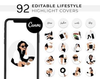 Editable Lifestyle Instagram Highlight Covers, Minimalist Fitness Social Media Icon, Aesthetic Fashion Travel Illustration Canva Template