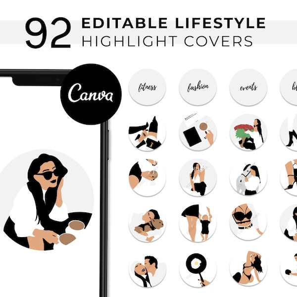 Bewerkbare Lifestyle Instagram Highlight Covers, Minimalistisch Fitness Social Media Icoon, Esthetische Mode Reizen Illustratie Canva-sjabloon