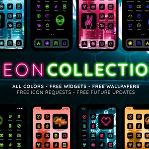 May include: A collection of neon-colored iPhone home screens with various app icons and widgets. The text "NEON COLLECTION" is displayed in neon green and pink letters. The text "ALL COLORS - FREE WIDGETS - FREE WALLPAPERS" is displayed in white letters. The text "FREE ICON REQUESTS - FREE FUTURE UPDATES" is displayed in white letters.