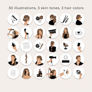 Puede incluir: Un conjunto de 30 ilustraciones para redes sociales que presentan una variedad de im&aacute;genes relacionadas con el peinado y el sal&oacute;n. Las ilustraciones son de estilo minimalista con contornos negros y cabello casta&ntilde;o, negro y rubio.