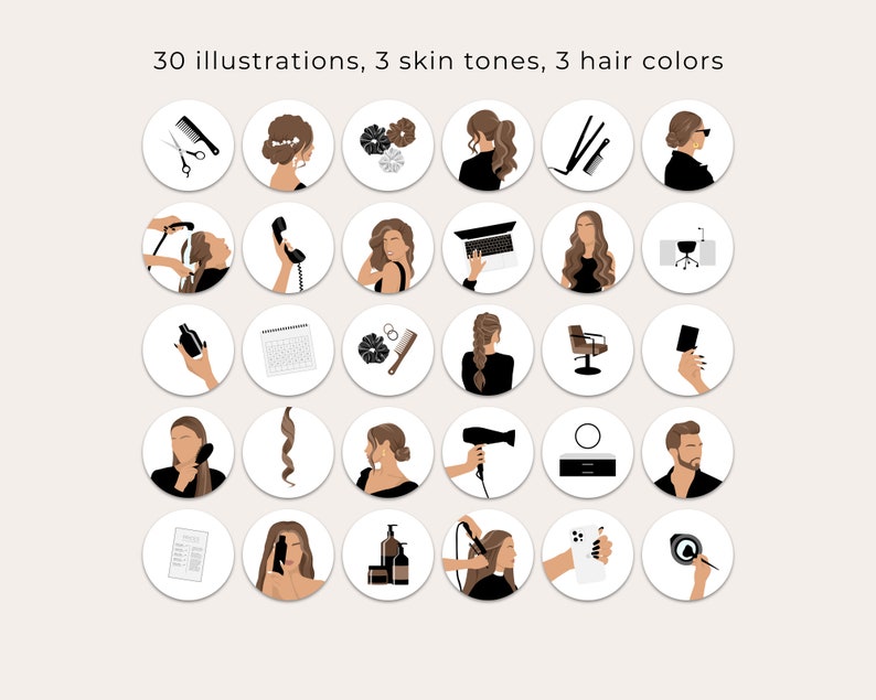 Puede incluir: Un conjunto de 30 ilustraciones para redes sociales que presentan una variedad de im&aacute;genes relacionadas con el peinado y el sal&oacute;n. Las ilustraciones son de estilo minimalista con contornos negros y cabello casta&ntilde;o, negro y rubio.
