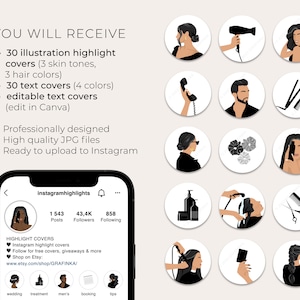 Puede incluir: Un conjunto de 30 portadas de destacados de Instagram con ilustraciones de herramientas para peinar el cabello, accesorios para el cabello y un tel&eacute;fono. Las portadas est&aacute;n dise&ntilde;adas en blanco y negro con una est&eacute;tica minimalista. El texto "instagramhighlights" es visible en la parte superior de la imagen.