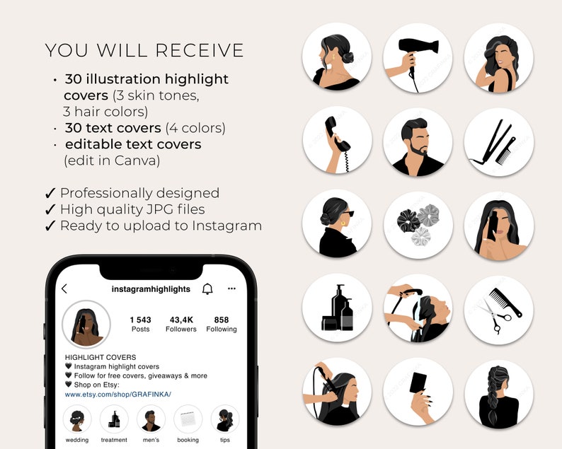 Puede incluir: Un conjunto de 30 portadas de destacados de Instagram con ilustraciones de herramientas para peinar el cabello, accesorios para el cabello y un tel&eacute;fono. Las portadas est&aacute;n dise&ntilde;adas en blanco y negro con una est&eacute;tica minimalista. El texto "instagramhighlights" es visible en la parte superior de la imagen.