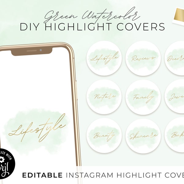 DIY Instagram Highlight Covers, Light Green Watercolor Story Text Gold Social Media Icon Editable White Green Pastel Minimalist Design