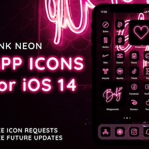 Pink Neon Glow App Icons for iOS 14, Aesthetic iPhone Home Screen, Girl Minimalist Black Widget iPhone iPad MacBook Android Theme Bundle