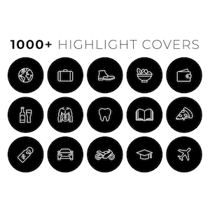 Könnte beinhalten: Ein Satz von 16 schwarzen und weißen Symbolen mit weißen Umrissen. Die Symbole repräsentieren verschiedene Themen, darunter Reisen, Essen, Fitness und mehr. Die Symbole sind in einem Raster angeordnet.