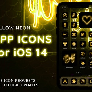 Op de afbeelding: Een geel neon iPhone-scherm met app-pictogrammen voor iOS 14. De pictogrammen zijn voor populaire apps zoals Safari, Netflix, Nike, Spotify, TikTok, Facebook, YouTube en meer. De tekst "YELLOW NEON APP ICONS for iOS 14" staat bovenaan het scherm. De tekst "FREE ICON REQUESTS FREE FUTURE UPDATES" staat onderaan het scherm.
