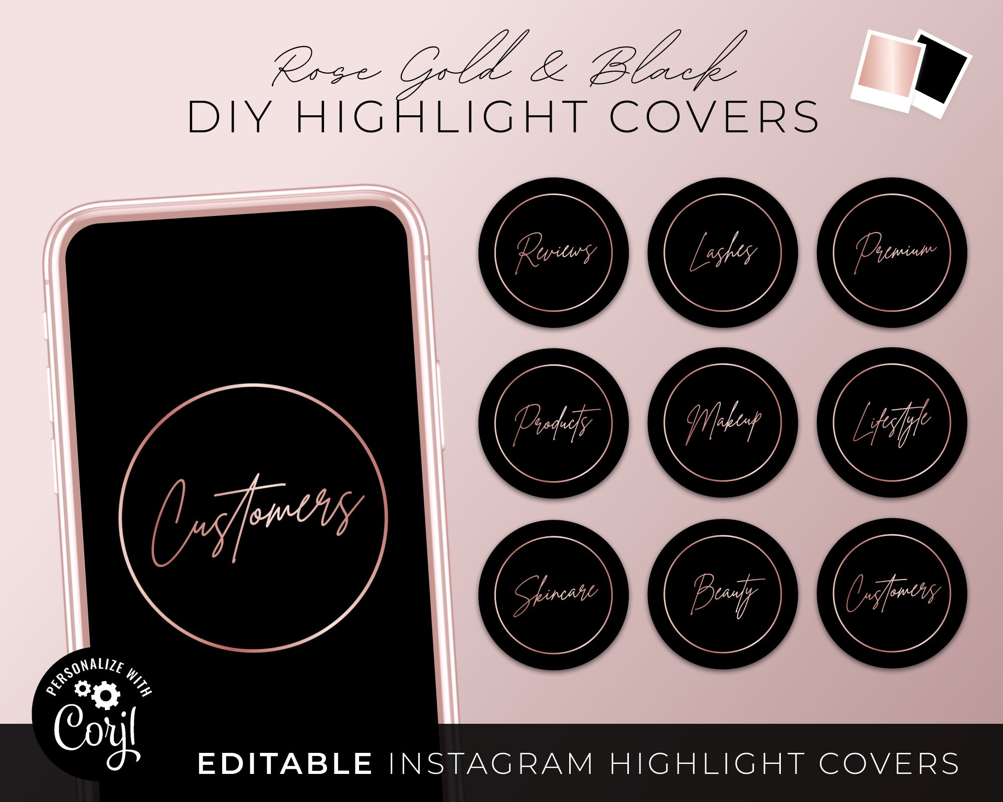 DIY Instagram Highlight Covers, Editable Black Rose Gold Ig Story ...