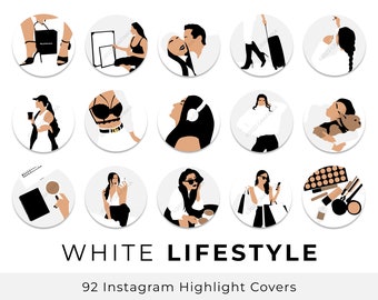Może przedstawiać: Zestaw 12 okładek wyróżnień na Instagramie z ilustracjami kobiet w różnych sytuacjach życiowych. Okładki są białe z czarnymi i brązowymi akcentami. Tekst "WHITE LIFESTYLE" i "92 Instagram Highlight Covers" jest włączony.