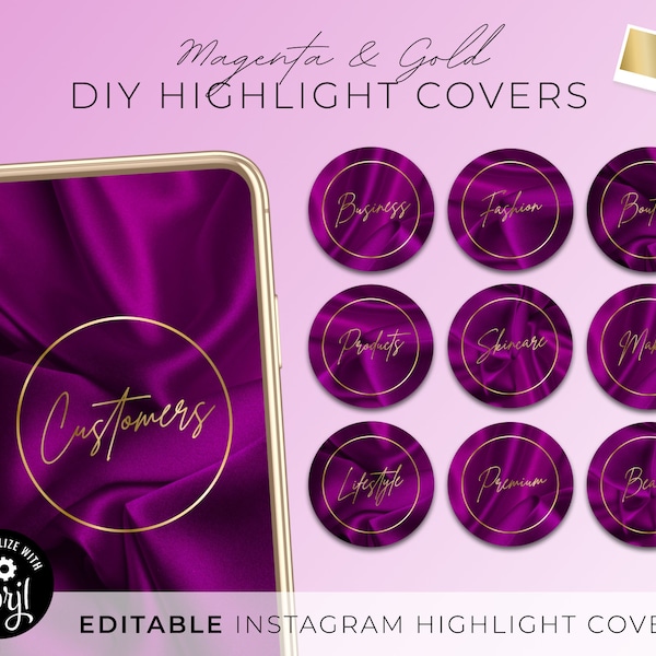 DIY Instagram Highlight Covers, Editable Magenta Silk Story, Pink Purple Custom Luxury Gold Text Ig Story Icon, Beauty Fashion Business