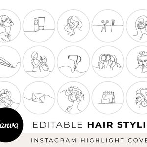 May include: Set of 12 black and white line art Instagram story highlight covers for a hair stylist. The covers feature illustrations of hair styling tools, hair, and people getting their hair done.
