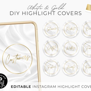 Può includere: Copertine per highlight di Instagram bianche e dorate con accenti di marmo e foglia d'oro. Le copertine presentano testo come "Clienti", "Cura della pelle", "Prodotti", "Bellezza", "Stile di vita", "Matrimonio", "Famiglia", "Moda", "Gioielli" e "Premium".