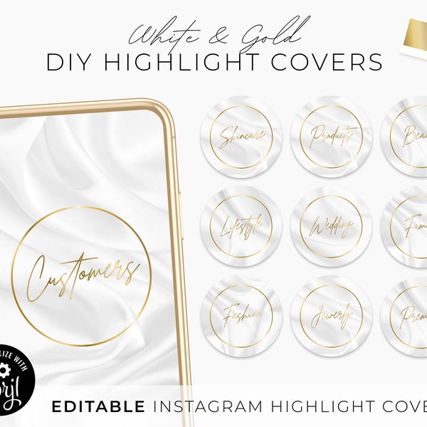DIY Instagram Highlight Covers, Editable White Gold Luxury Silk Story Template, Custom Script Text Ig Story Icon Simple Real Estate Business