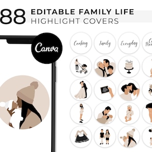 Editable Family Life Instagram Highlight Icon Covers, Canva Custom Color Social Media Ig Story, Minimalist Aesthetic Illustration Kids Mom