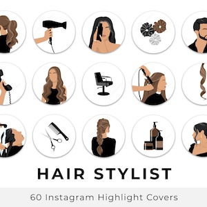 Puede incluir: Un conjunto de 12 portadas de destacados de Instagram para un estilista de cabello. Las portadas presentan ilustraciones de herramientas de peinado, accesorios para el cabello y estilos de cabello. Las portadas son de estilo minimalista con fondo blanco y contornos negros.