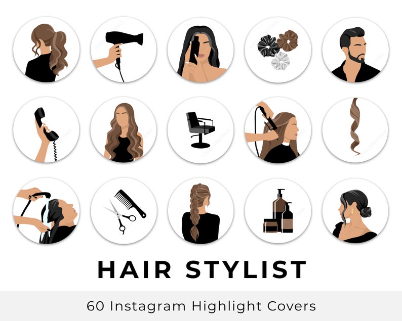 Puede incluir: Un conjunto de 12 portadas de destacados de Instagram para un estilista de cabello. Las portadas presentan ilustraciones de herramientas de peinado, accesorios para el cabello y estilos de cabello. Las portadas son de estilo minimalista con fondo blanco y contornos negros.