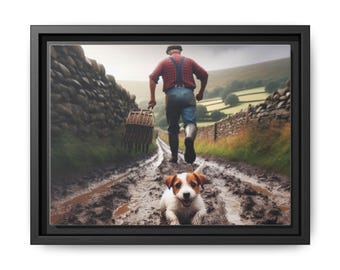 May include: A framed canvas print depicts a farmer walking down a muddy path, carrying a basket. A small, happy dog is in the foreground. The scene is set in a rural landscape with stone walls and green fields.