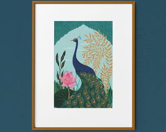 Peacock Wall Art Print / Floral Garden / Indian / Decorative / A4 / 8" x 10"