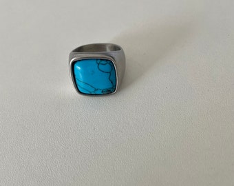 Square Silver Turquoise Stone Signet Ring, Silver Turquoise Stone Ring, Handmade Natural Gemstone ring, Delicate Aesthetic Ring