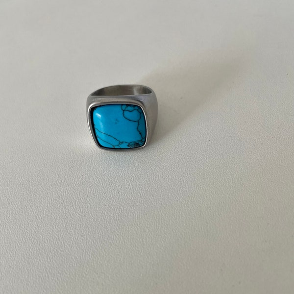 Square Silver Turquoise Stone Signet Ring, Silver Turquoise Stone Ring, Handmade Natural Gemstone ring, Delicate Aesthetic Ring