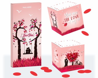 Liefdeskaart met exploderende confetti, verrassingsjubileum, explosieve doos, roze stel