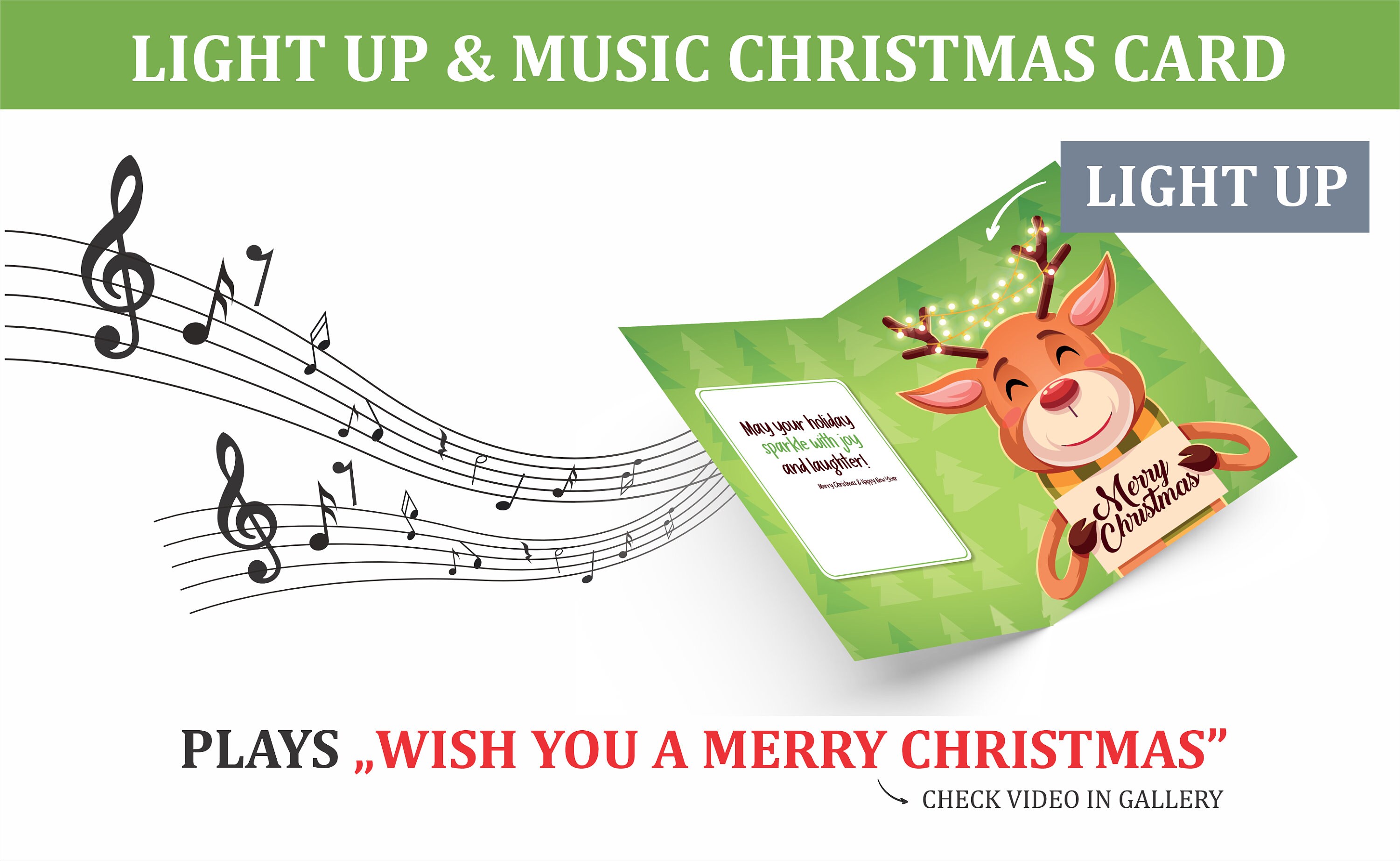 Santa, Christmas LIGHTS & MUSIC Card Musical Card Plays We Wish You a