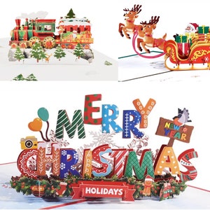 x3 Pack Carte Pop Up Joyeux Noël, Père Noël, Cartes de Noël avec enveloppe et message pour la famille, Carte de vacances pour enfants, Couverture brillante Premium