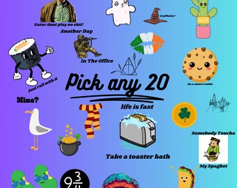 pick any 20 stickers, fun stickers, decals, laptop stickers, water bottle stickers, stickers, choose your own sticker bundle.