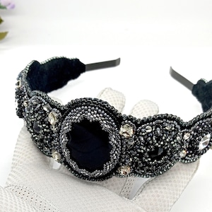 Bead embroidered headband.Black beaded headband.Headband for women.Victorian style headband Handmade hair accessories.Statement headband